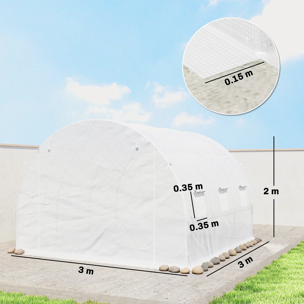Outsunny Folie pentru seră 3 x 3 m, impermeabilă, folie din polietilenă cu ușă rulabilă, 6 ferestre, protecție UV Alb | Aosom Romania