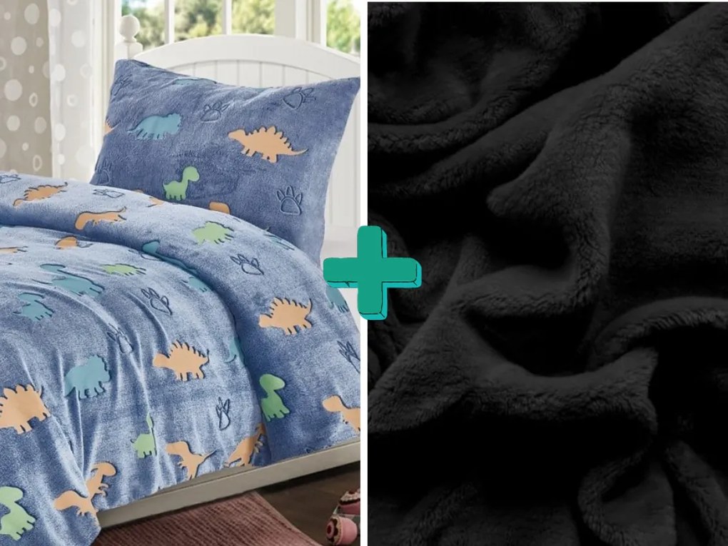 Lenjerie de pat fosforescenta din microplus LIZARDS albastru + cearceaf microplus SOFT 90x200 cm negru