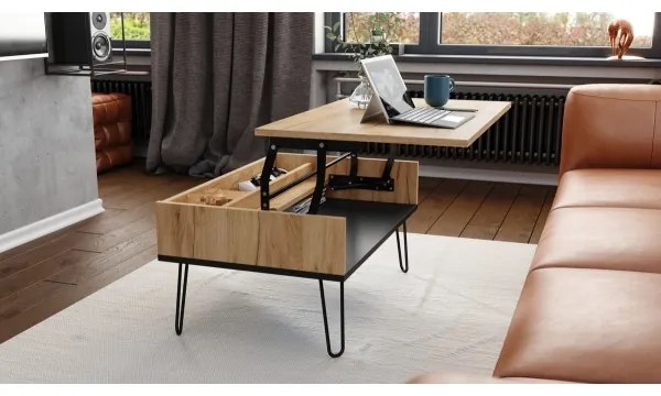 Masă de cafea HALIJA cu blat rabatabil și poliță, stejar craft/negru