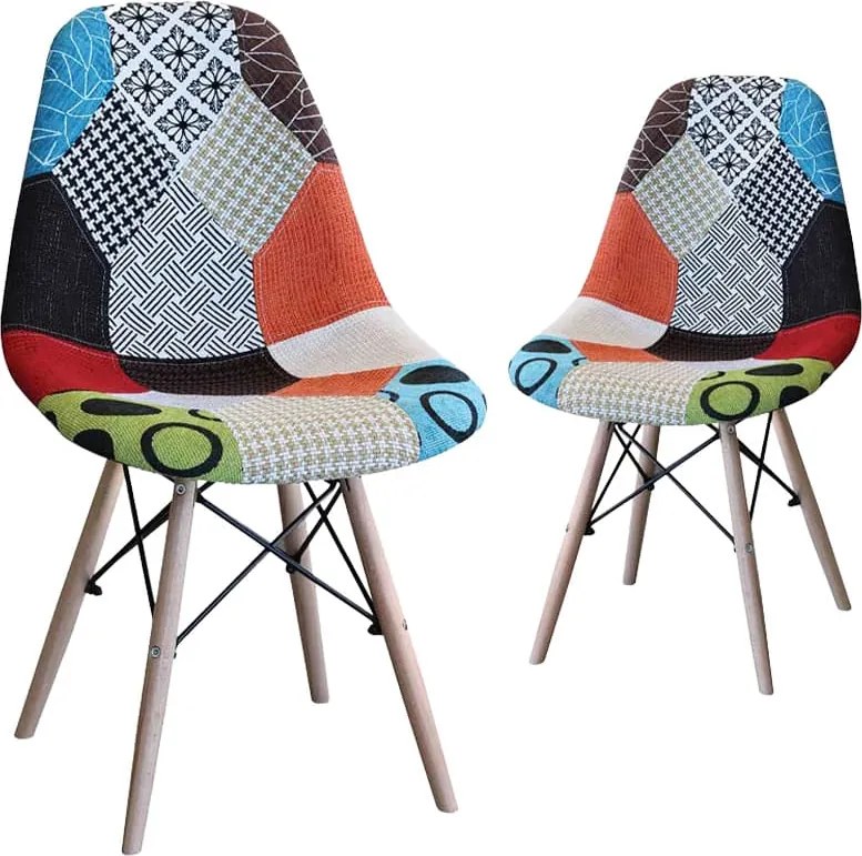 Set 2 scaune Joy, model patchwork, sezut tapitat textil, picioare lemn