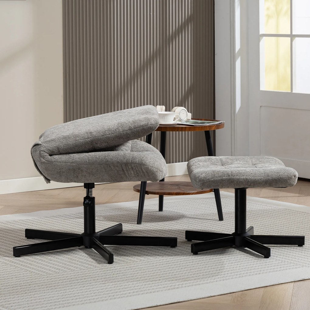 HOMCOM Scaun reclinabil pe 4 niveluri cu otoman separat în efect de catifea, 66x80x93-104 cm, Gri | Aosom Romania