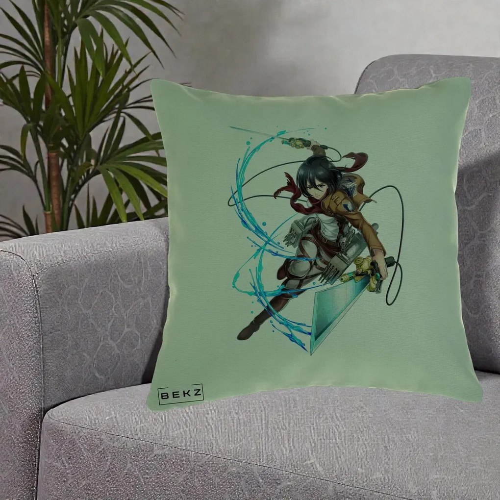 Perna Personalizata Attack on Titan Mikasa Ackerman Lupta, 40x40 cm, Verde, Husa Detasabila, Perna Inclusa, BEKZ®