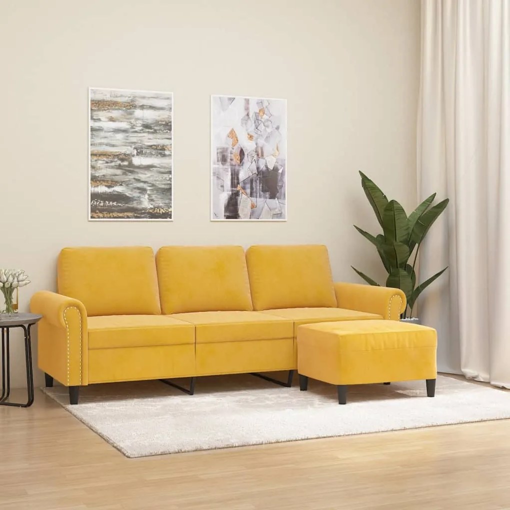 3153639 vidaXL Canapea cu 3 locuri și taburet, galben deschis, 180 cm, catifea