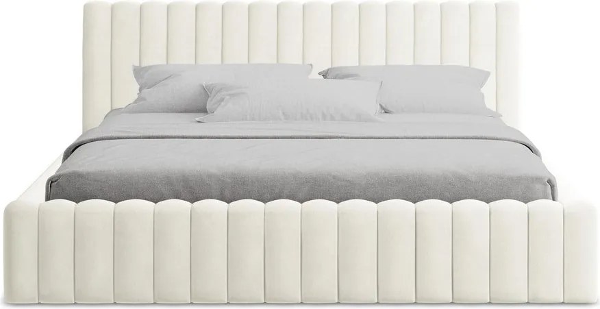 Pat matrimonial crem tapițat cu spațiu de depozitare cu somieră 180x200 cm Lemi – Makamii