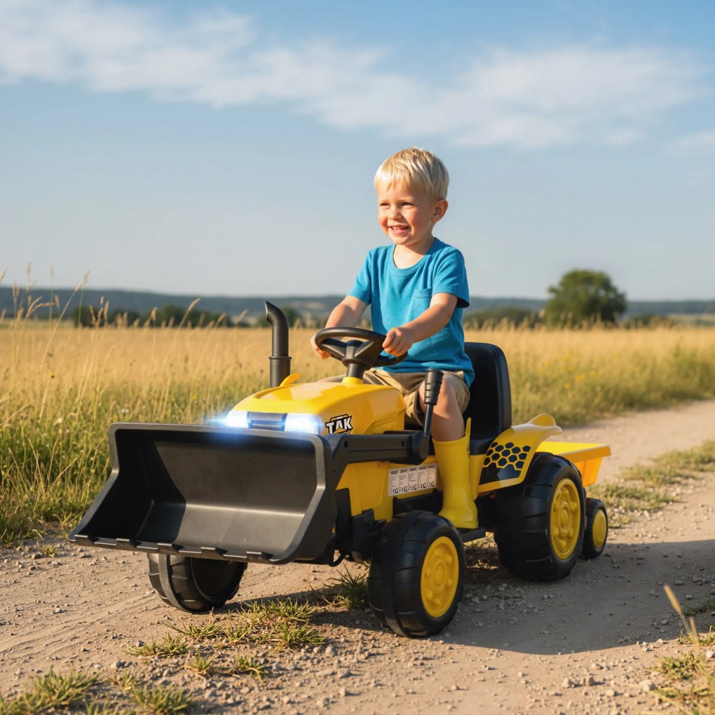AIYAPLAY Excavator Electric pentru Copii 12V cu Cupă și Remorcă Detașabilă, Tractor Electric de Călărit cu 2 Motoare, Telecomandă, Conexiune Wireless, USB, Lumini și Muzică, 3-8 Ani, Galben | Aosom Romania