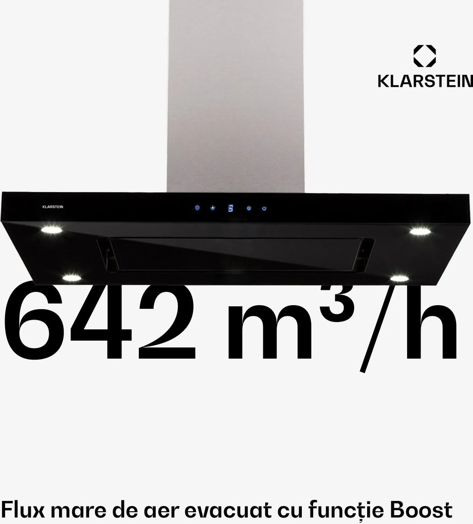 Klarstein Valeria, hotă de aburi, touch LED, 90 cm, 642 m³/h sticlă, oțel inoxidabil