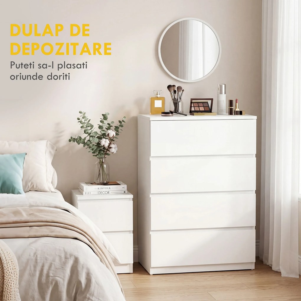 HOMCOM Comodă cu 4 Sertare, Organizator de Depozitare cu Ghidaje Metalice și Mânere cu Caneluri, 60x40x80 cm, Alb | Aosom Romania