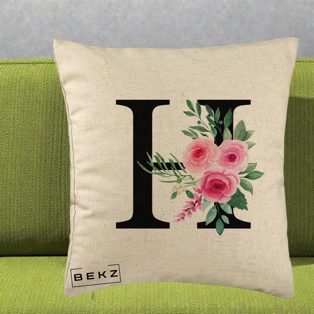 Cadou Personalizat - Perna Personalizata Monograma Florala Litera H cu Trandafiri Roz, 40x40 cm, Bej, Husa Detasabila, Perna Inclusa, BEKZ®