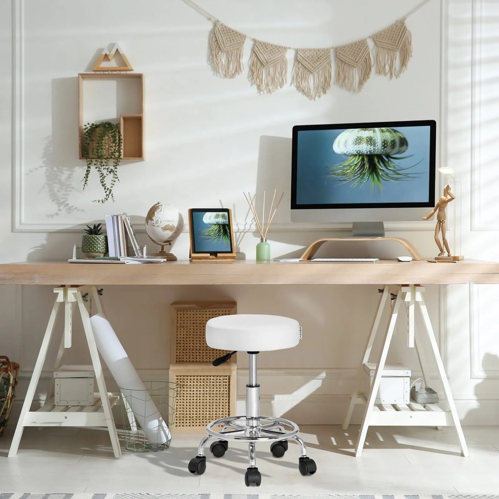 Taburet pe roți OXANA cu suport pentru picioare, Ø35cm, alb Casaria