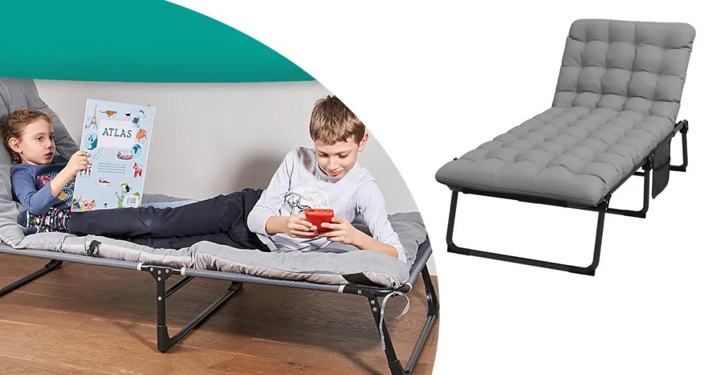 Pat camping pliabil cu tetiera reglabila, cu saltea in 2 culori