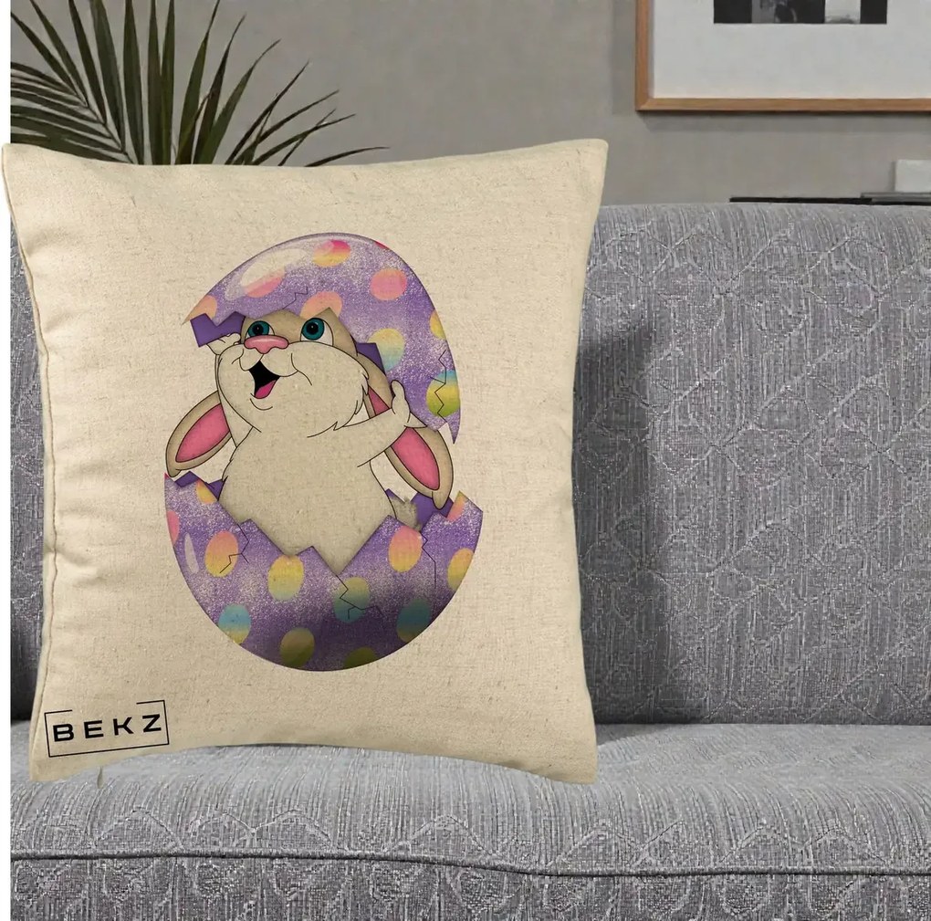 Perna Decorativa Iepuras din Ou de Pasti, 40x40 cm, Bej, Husa Detasabila, Perna Inclusa, BEKZ®