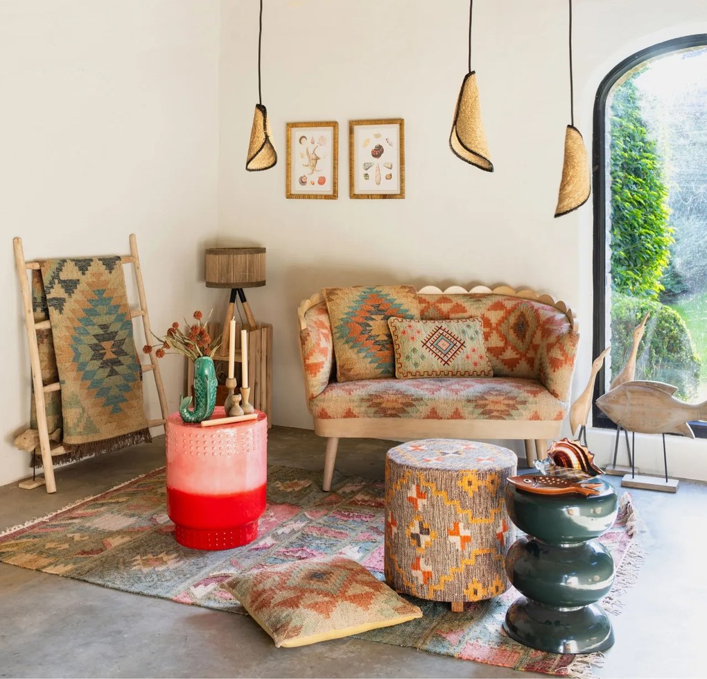 Taburet bej, din lemn de acacia, bumbac si lana, Klimt Kilim