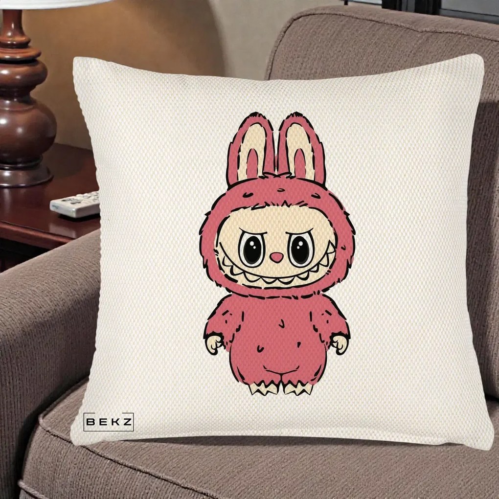 Perna Personalizata Labubu Roz Solo, 40x40 cm, Crem Reliefat, Husa Detasabila, Perna Inclusa, BEKZ®