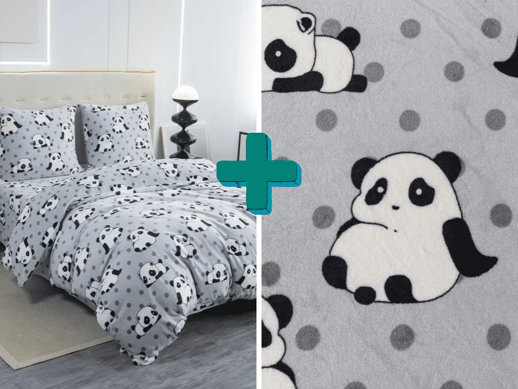 Set lenjerie microplus + cearsaf 90x200 cm PANDA gri, pat de o persoana