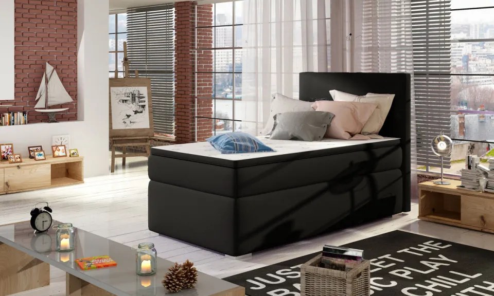 Pat tapitat, boxspring, cu spatiu pentru depozitare, 90x200 cm, Rocco L01, Eltap (Culoare: Gri inchis piele / Soft 11)