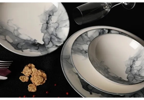 Set de veselă, 24 piese, alb/negru, porțelan