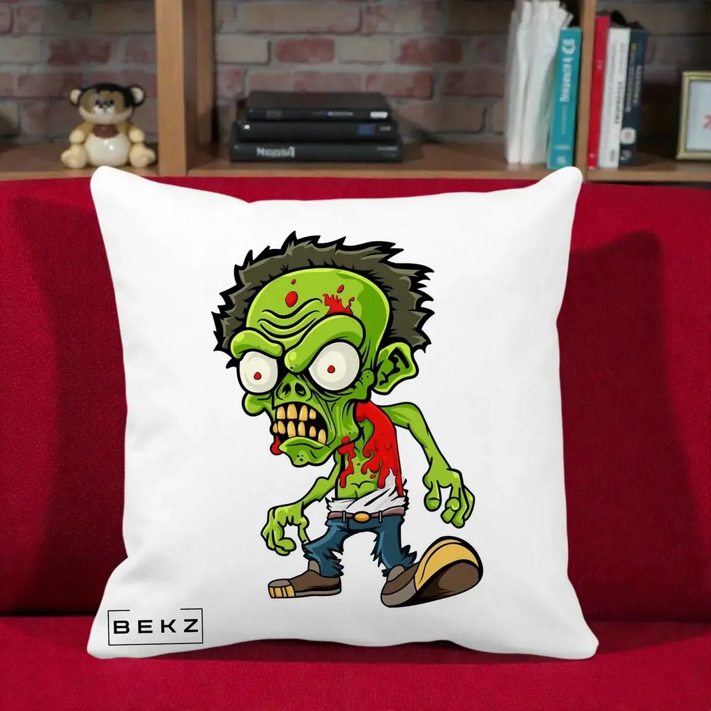 Perna Decorativa Zombie Halloween, 40x40 cm, Alba Mata, Husa Detasabila, Perna Inclusa, BEKZ®