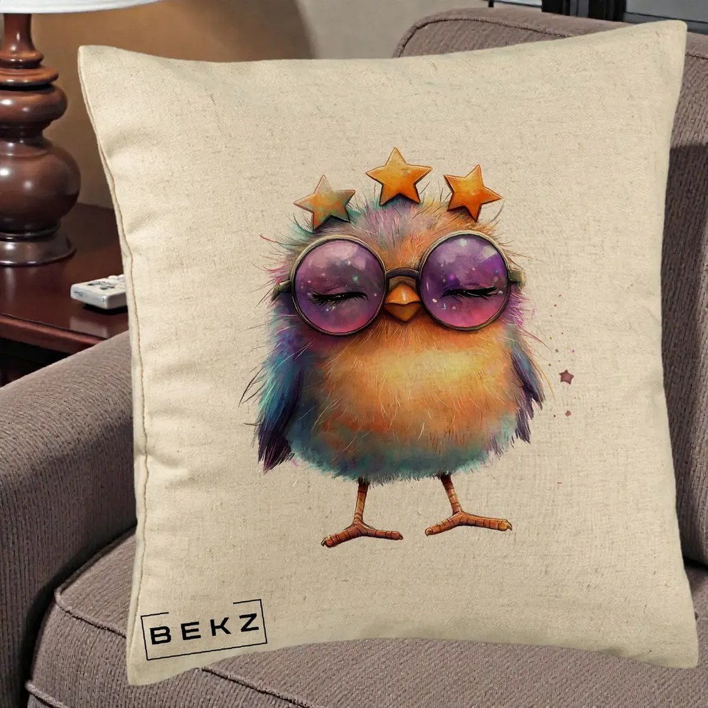 Perna Decorativa Pui Pop Star cu Ochelari Stele Violet, 40x40 cm, Bej, Husa Detasabila, Perna Inclusa, BEKZ®