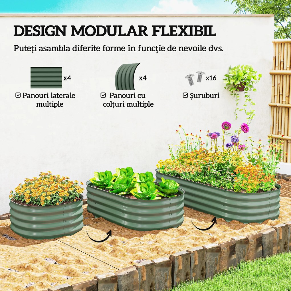 Outsunny Paturi Inaltate Galvanizate pentru Gradina, Cutie Inaltata din Metal cu Margine de Siguranta, pentru Cultivarea Florilor, Ierburilor, Verde
