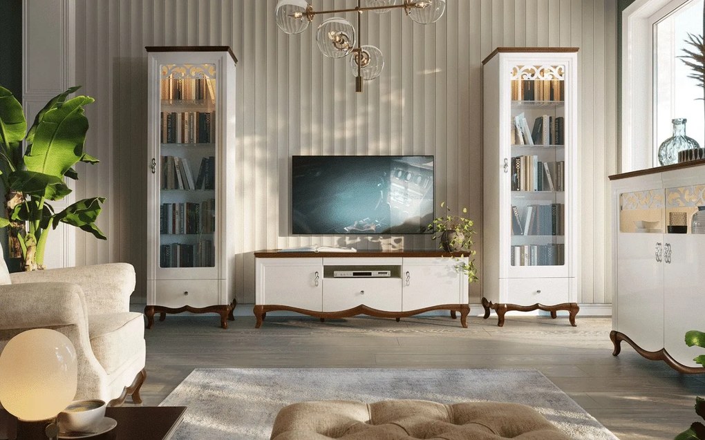 Comodă TV lemn masiv nuc Milan II Alb-, 164,2 × 46,5 × 55,7 cm