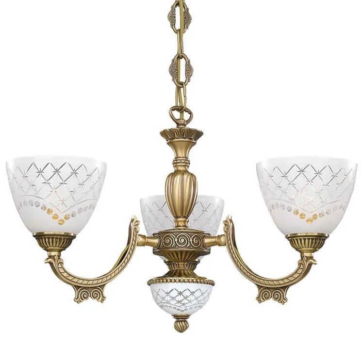 Candelabru cu 3 brate clasic design italian din alama, sticla 7052 RA-L. 7052/3
