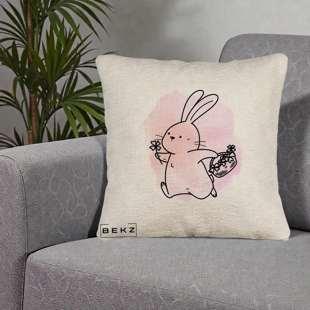 Perna Decorativa Iepuras Kawaii cu Cosulet Floral, 40x40 cm, Bej Canapea, Husa Detasabila, Perna Inclusa, BEKZ®