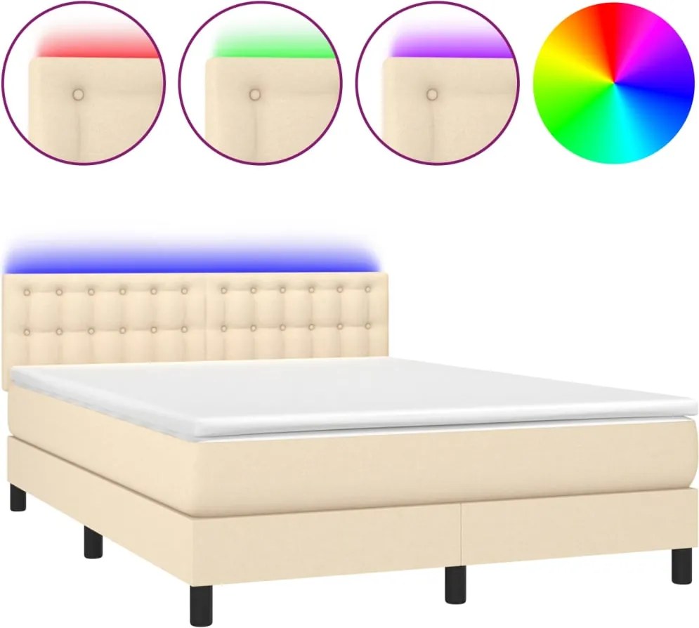 vidaXL Pat cu arcuri, saltea și LED, crem, 140x190 cm, textil