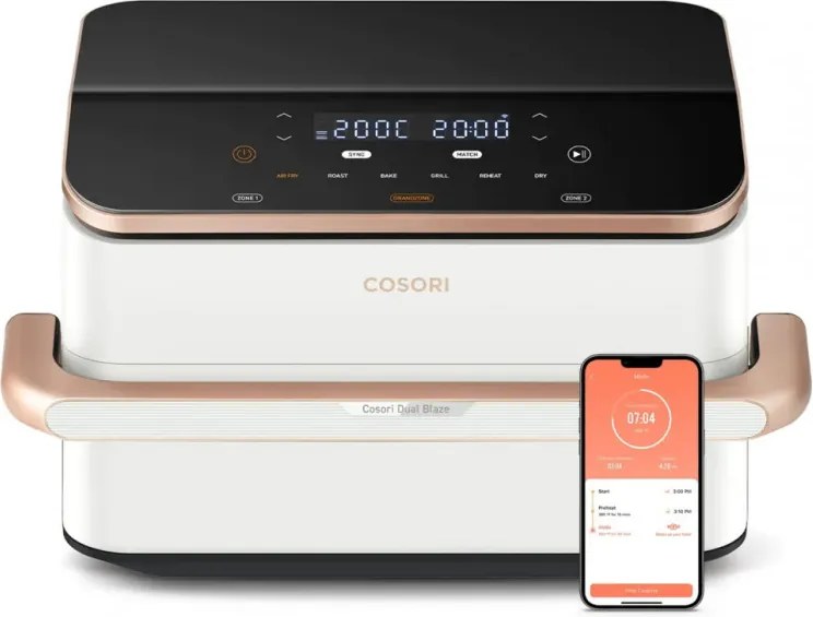 La mâna a doua: Friteuza cu aer cald dubla Cosori Dual Blaze TwinFry CAF-TF101S, 10 L, 6 programe, 35-240°C, Timer, ThermoIQ, Alb