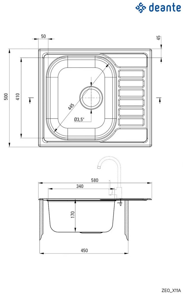 Chiuvetă din inox, 1-cuvă cu picurător, Soul, ZEO_011A