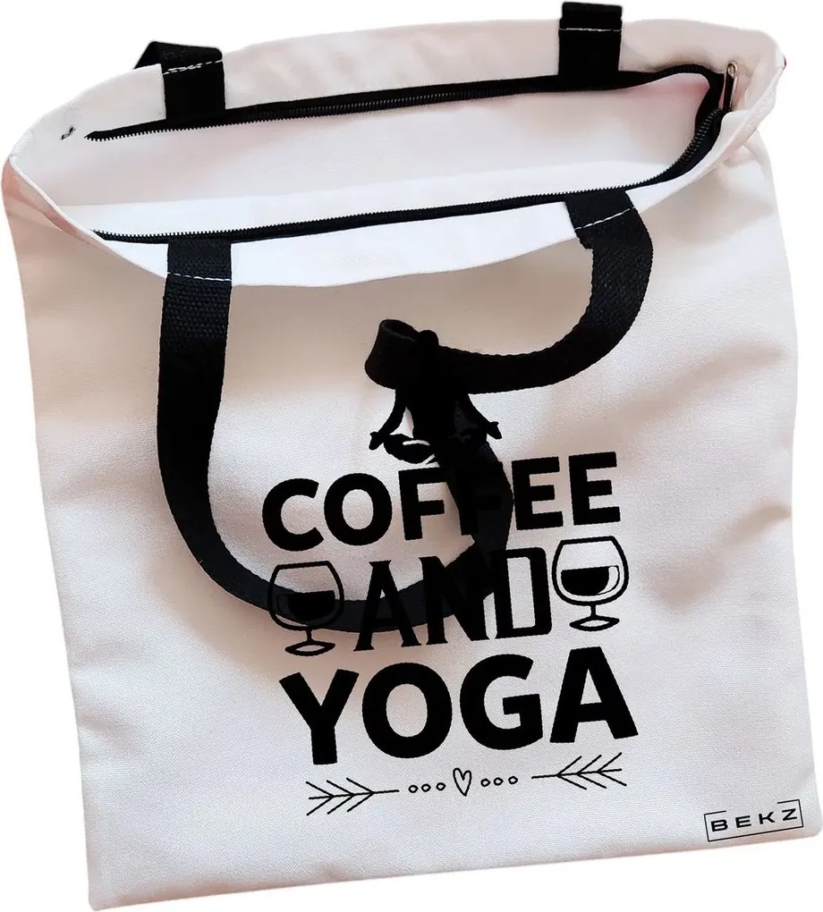 Sacosa de Panza pentru Cumparaturi, Geanta Tote, Yoga Coffee and Yoga, Cu fermoar, 38x34.5 cm, Alba, BEKZ®