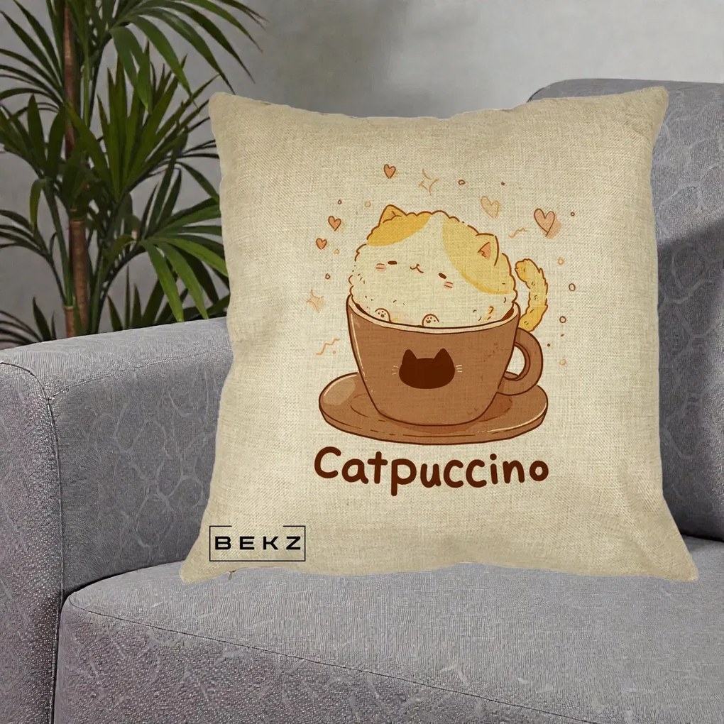 Perna Decorativa Catpuccino Pisica Cappuccino, 40x40 cm, Crem, Husa Detasabila, Perna Inclusa, BEKZ®