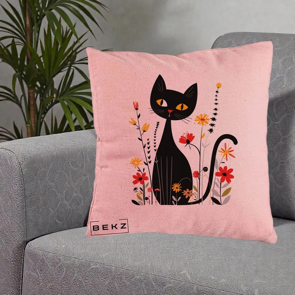 Perna Decorativa Pisica Neagra Ochi Galbeni Flori, 40x40 cm, Roz, Husa Detasabila, Perna Inclusa, BEKZ®