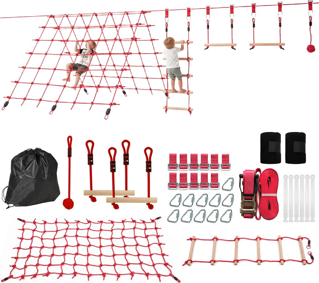 AIYAPLAY Ninja Line Set Slackline pentru copii 10 m cu inele, leagăn, scară de cățărat și plasă de cățărat pentru 3-6 ani 1000x300x180 cm Roșu | Aosom Romania