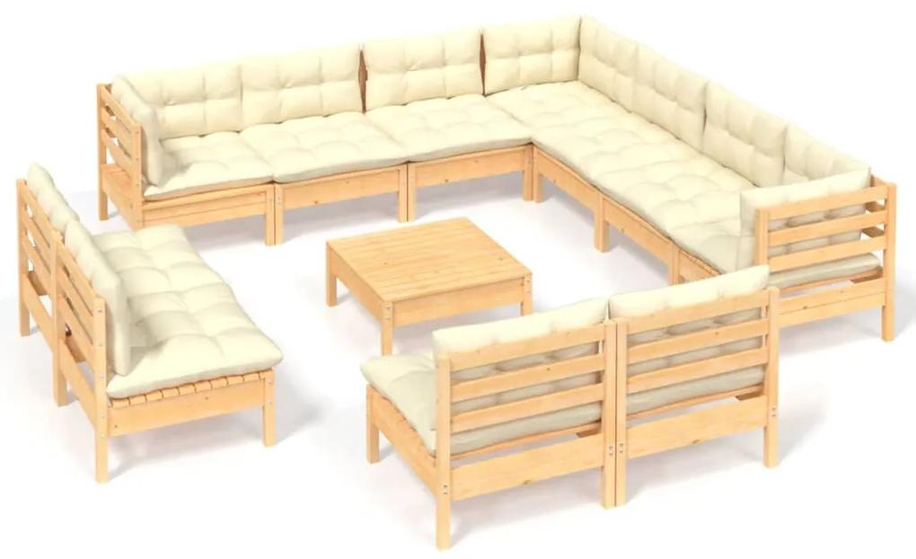 Set mobilier gradina cu perne crem, 12 piese, lemn masiv de pin maro si crem, 1