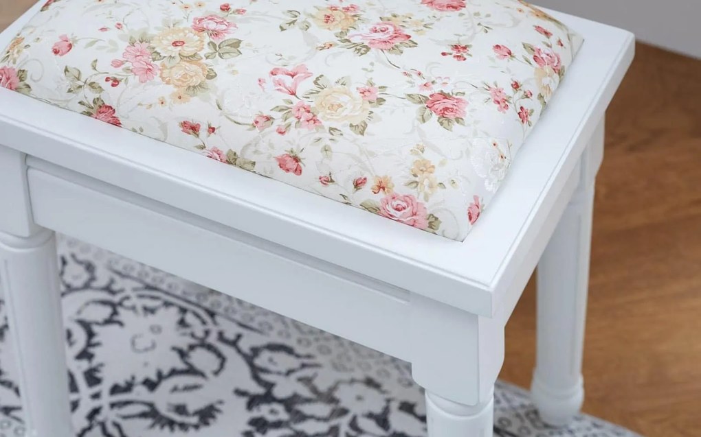 Taburet lemn masiv alb Elizabeth /Floral, 40 × 30 × 42 cm