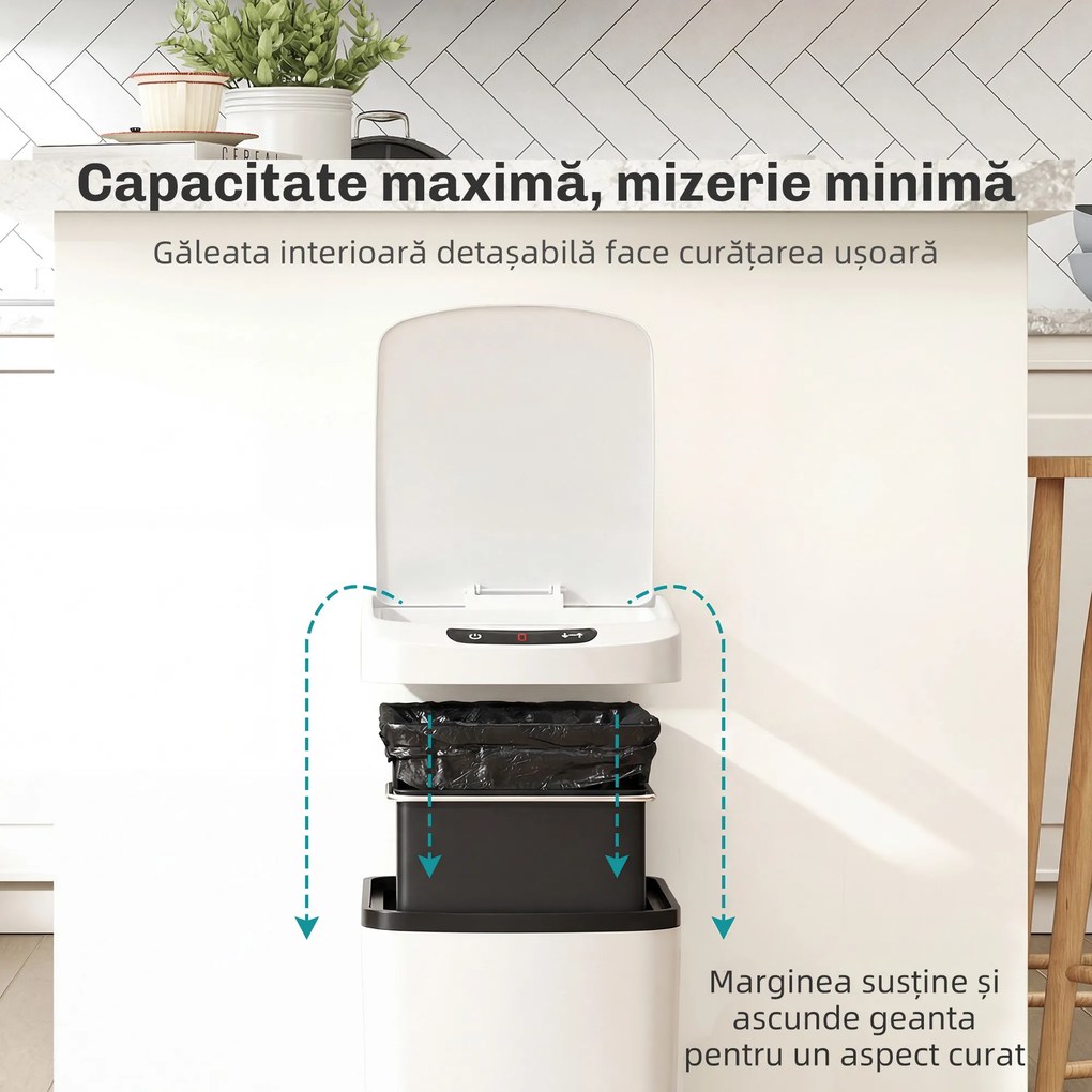 HOMCOM Coș de Gunoi de 12L cu Senzor Infraroșu, Buton Touch și Găleată Detașabilă, Coș de Gunoi din Oțel Inoxidabil, ABS și PP, 28x22x41 cm, Alb | Aosom Romania
