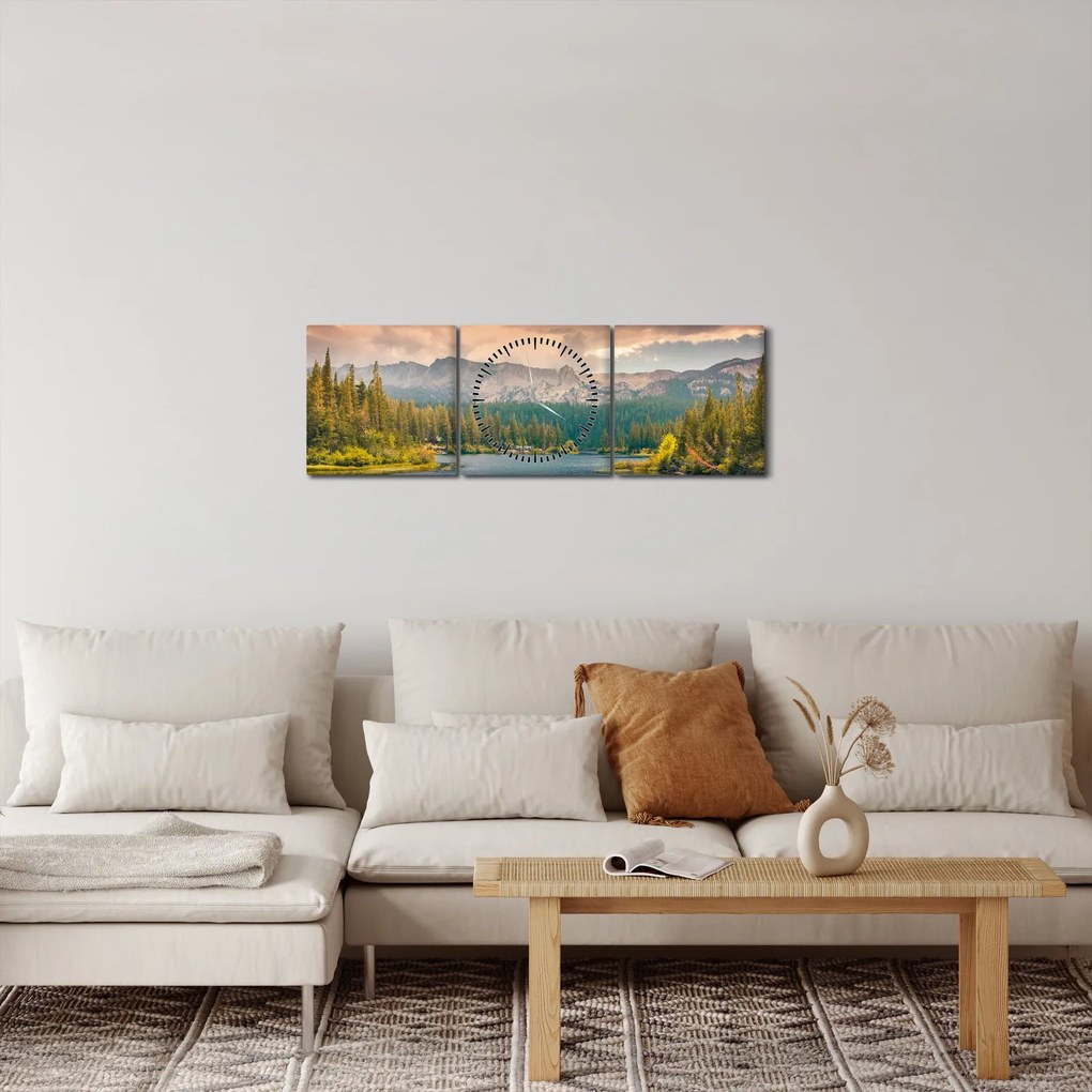 Tablou cu râu montan și munți (cu ceas) (90x30 cm)