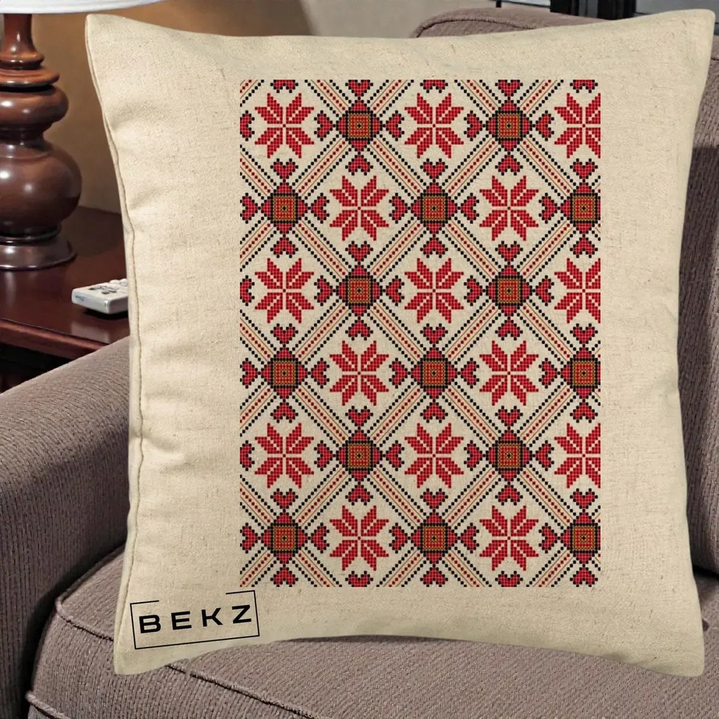 Perna Personalizata Motiv Traditional Ie Romaneasca Rosu, 40x40 cm, Bej, Husa Detasabila, Perna Inclusa, BEKZ®