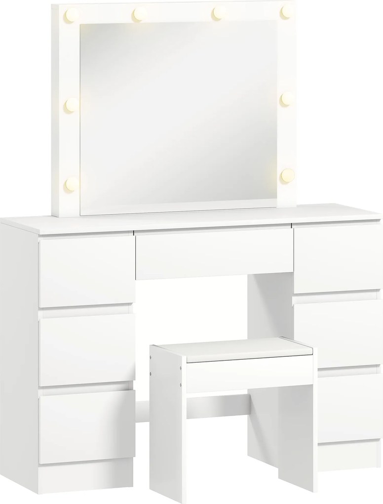 HOMCOM Masă de Machiaj cu Oglindă, 8 Lumini LED, Scaun și 7 Sertare Alb | Aosom Romania