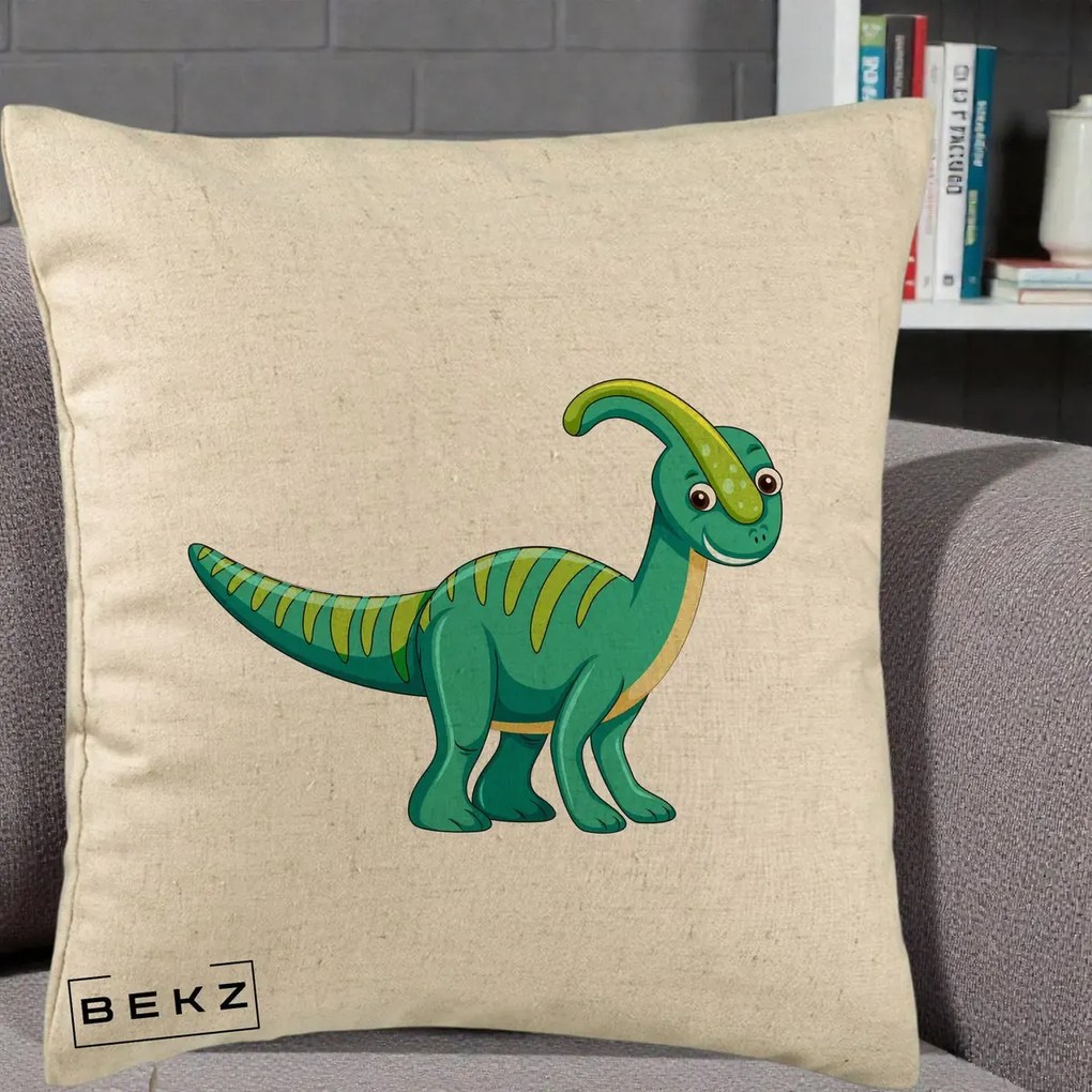 Perna Decorativa Parasaur Verde, 40x40 cm, Bej, Husa Detasabila, Perna Inclusa, BEKZ®