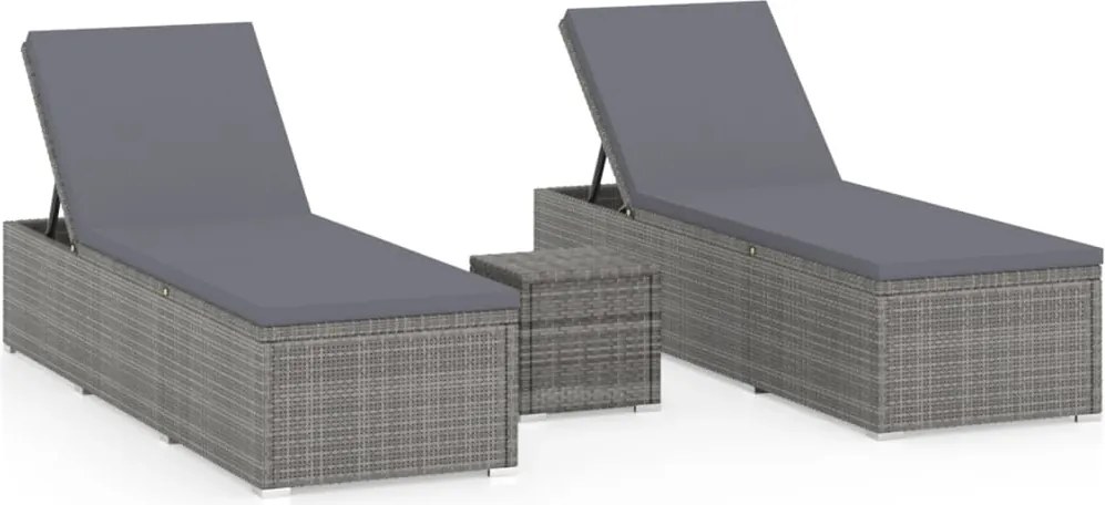 vidaXL Șezlonguri de grădină, 3 piese, masă ceai, gri, poliratan