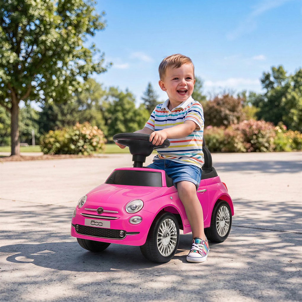 AIYAPLAY Mașinuță de Împins pentru Copii 12-36 Luni, Licență Fiat, cu Muzică, Claxon și Spațiu Depozitare, Roz | Aosom Romania