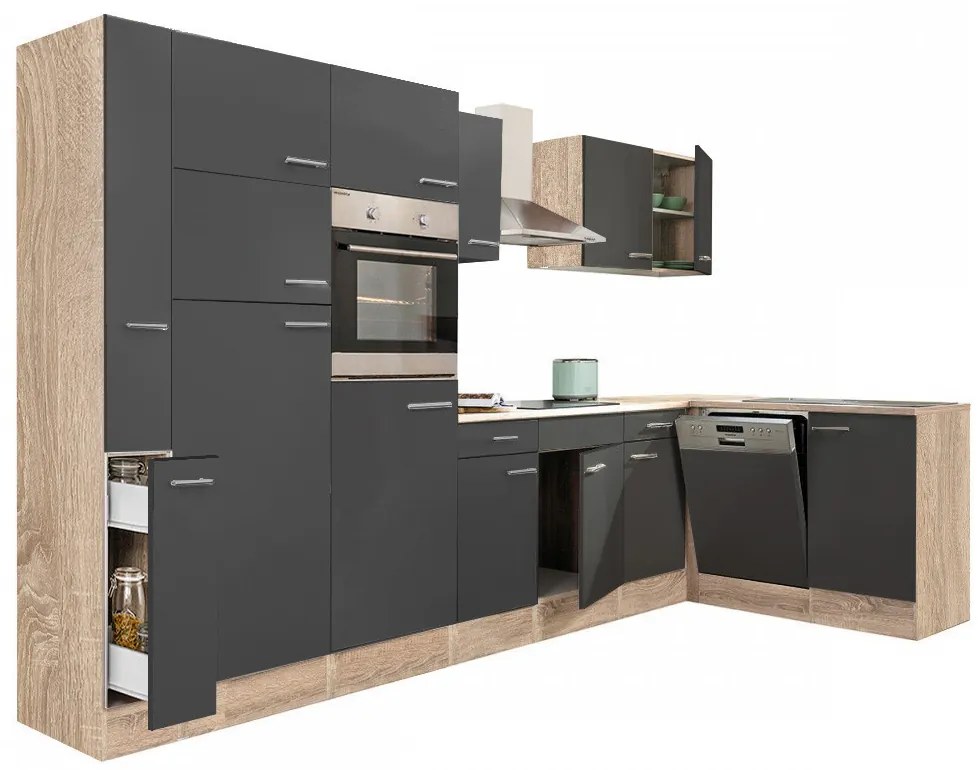 Mobilă de bucătărie de colț Yorki 370, corp din stejar sonoma, cu față antracit satinat