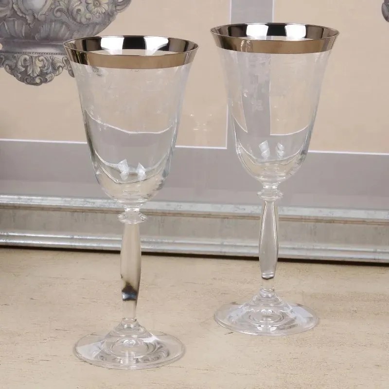 Pahar de șampanie din sticlă, transparent și argintiu, margine argintie, model în spirală gravat, 360 ml, 22 x 9 cm, „Joséphine”