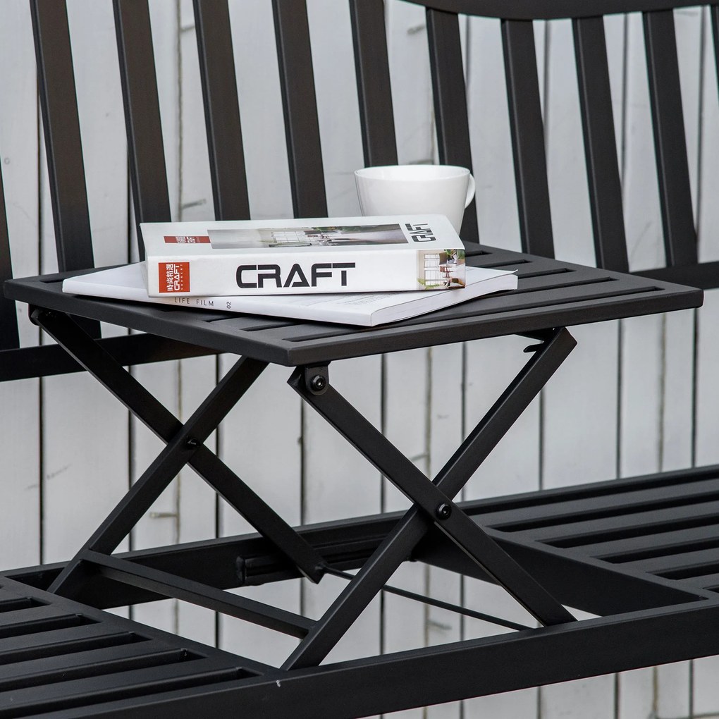 Bancă de Grădină Outsunny din Metal cu Măsuță Centrală Retractabilă, Bancă Loveseat pentru Terasă cu Șezut și Spătar cu Șipci, pentru 2–3 Persoane, Neagră | Aosom Romania