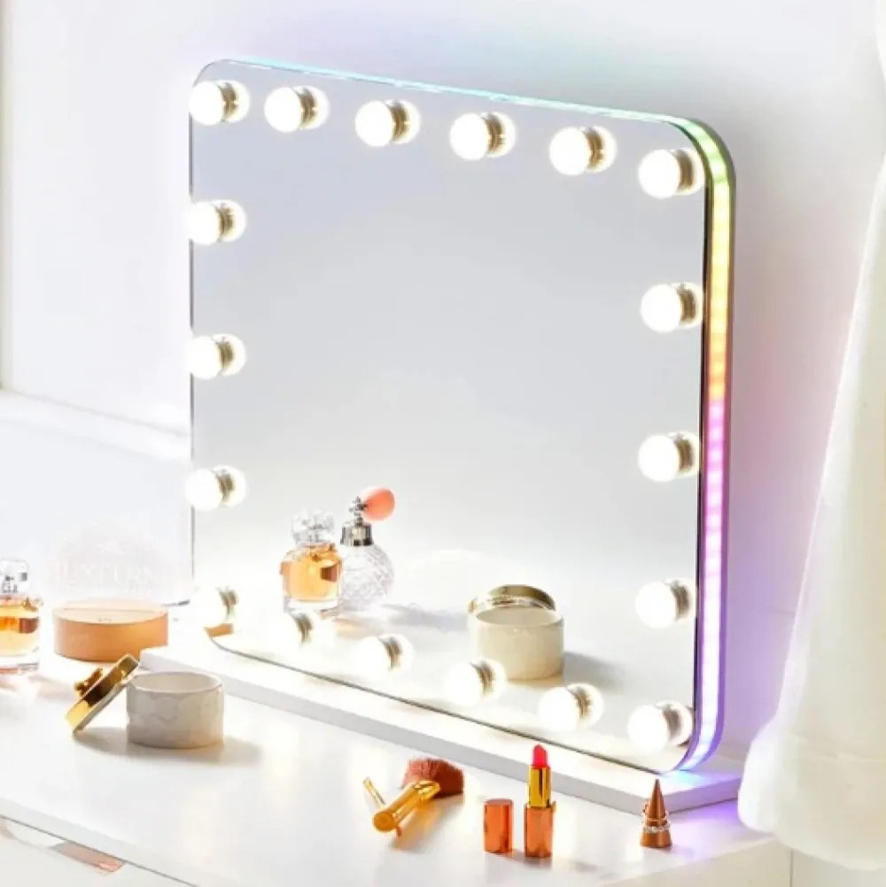 RESIGILAT- Oglindă cosmetică HOLLYWOOD, 18 becuri LED RGB Multicolor, 3 moduri iluminare 60x50 cm