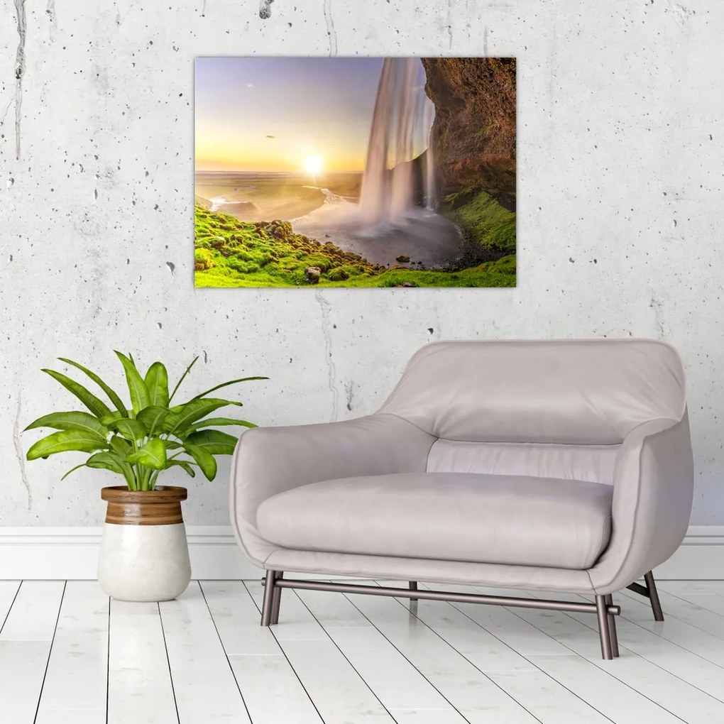Tablou pe sticlă - Seljalandsfoss din spatele peșterii (70x50 cm)
