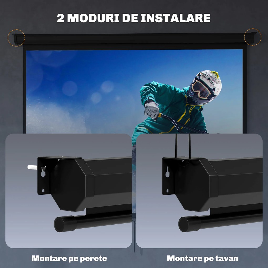HOMCOM Ecran de Proiecție 84", Format 4:3, Unghi de 160° și Montare pe Tavan sau Perete, Negru | Aosom Romania