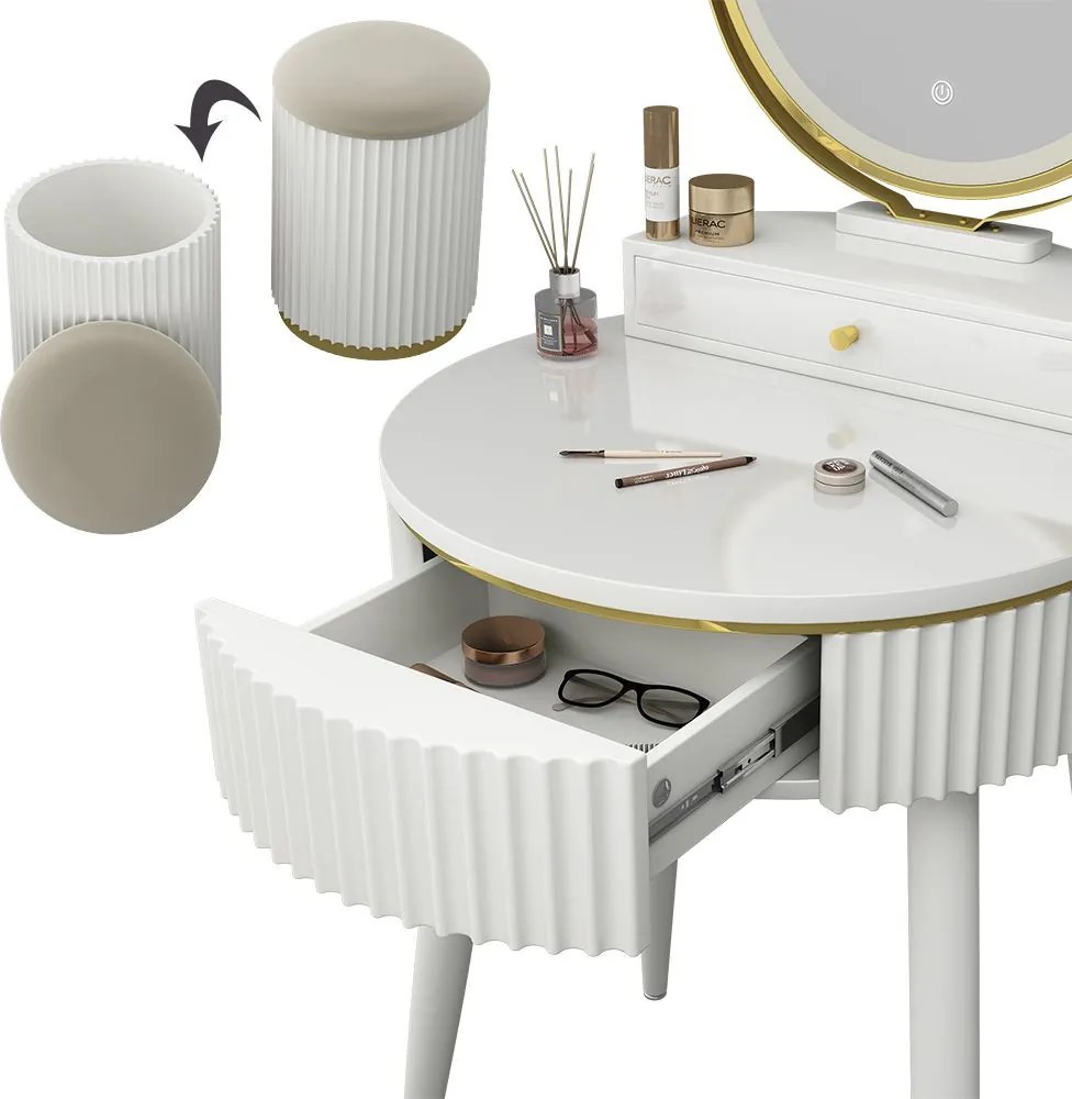 Masuta machiaj cu Oglinda LED si 1 Sertar pentru Cosmetice, Set Masa toaleta 60 cm, Alb, masuta vanity cu Riflaj, cosmetica - SEA459