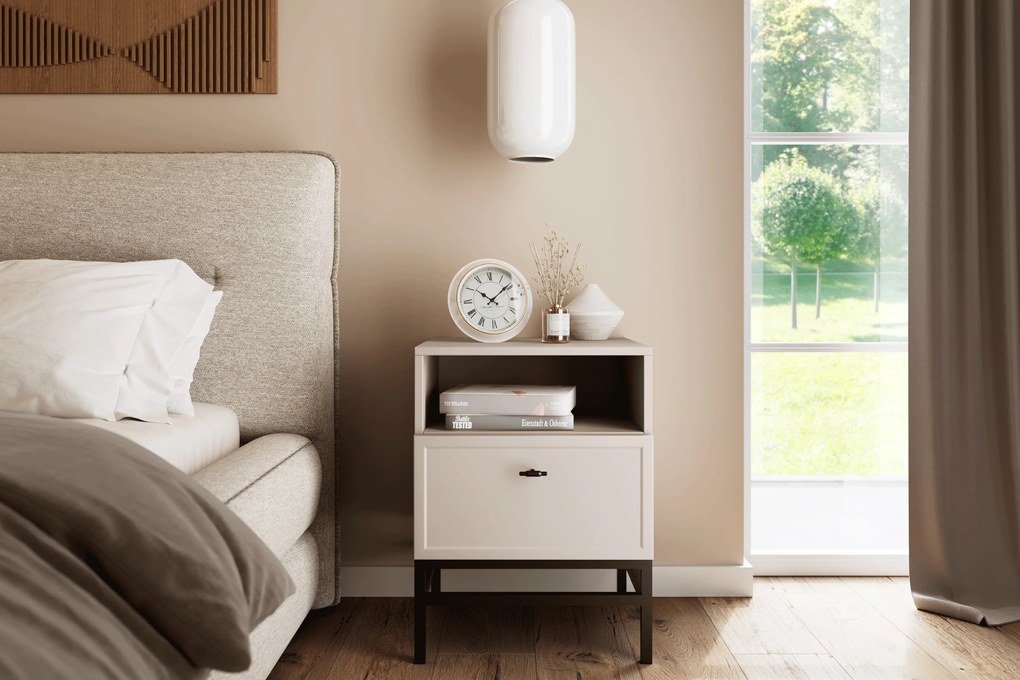 Noptieră Lorini 45 cm cu sertar - cașmir / mâner negru T-bar / cadru